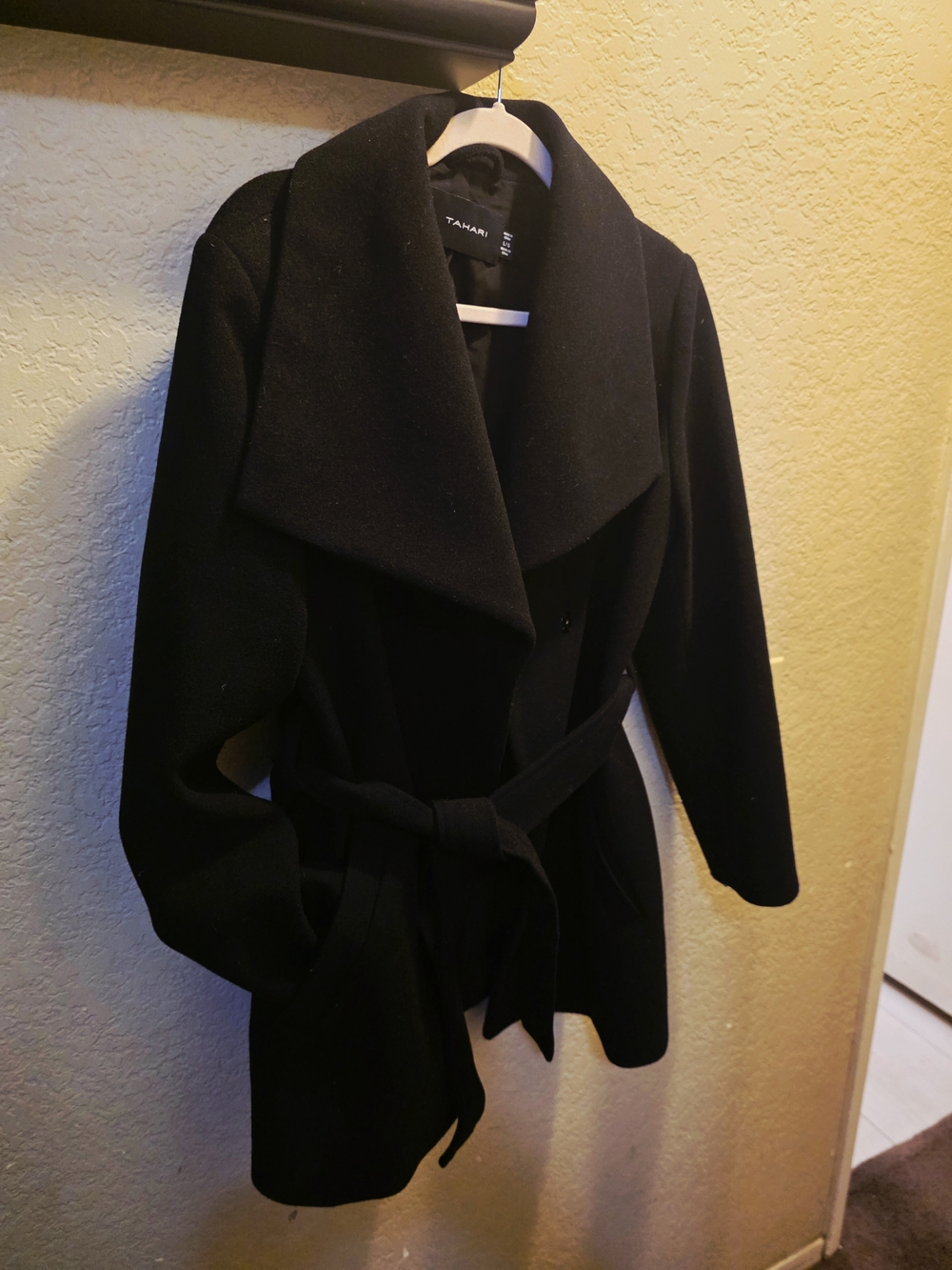 Tahari Black Belted Shawl-Collar Coat